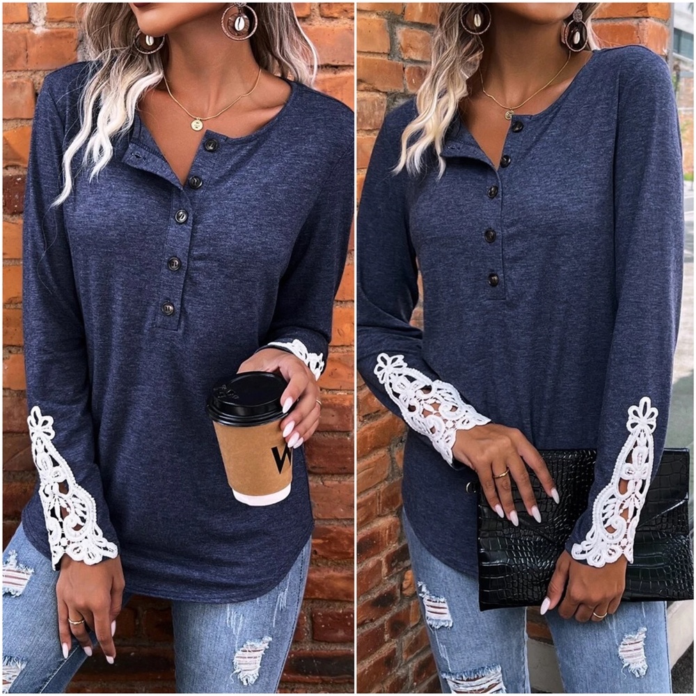 Boho Lace Sleeve Button Top - Picture 3 of 4